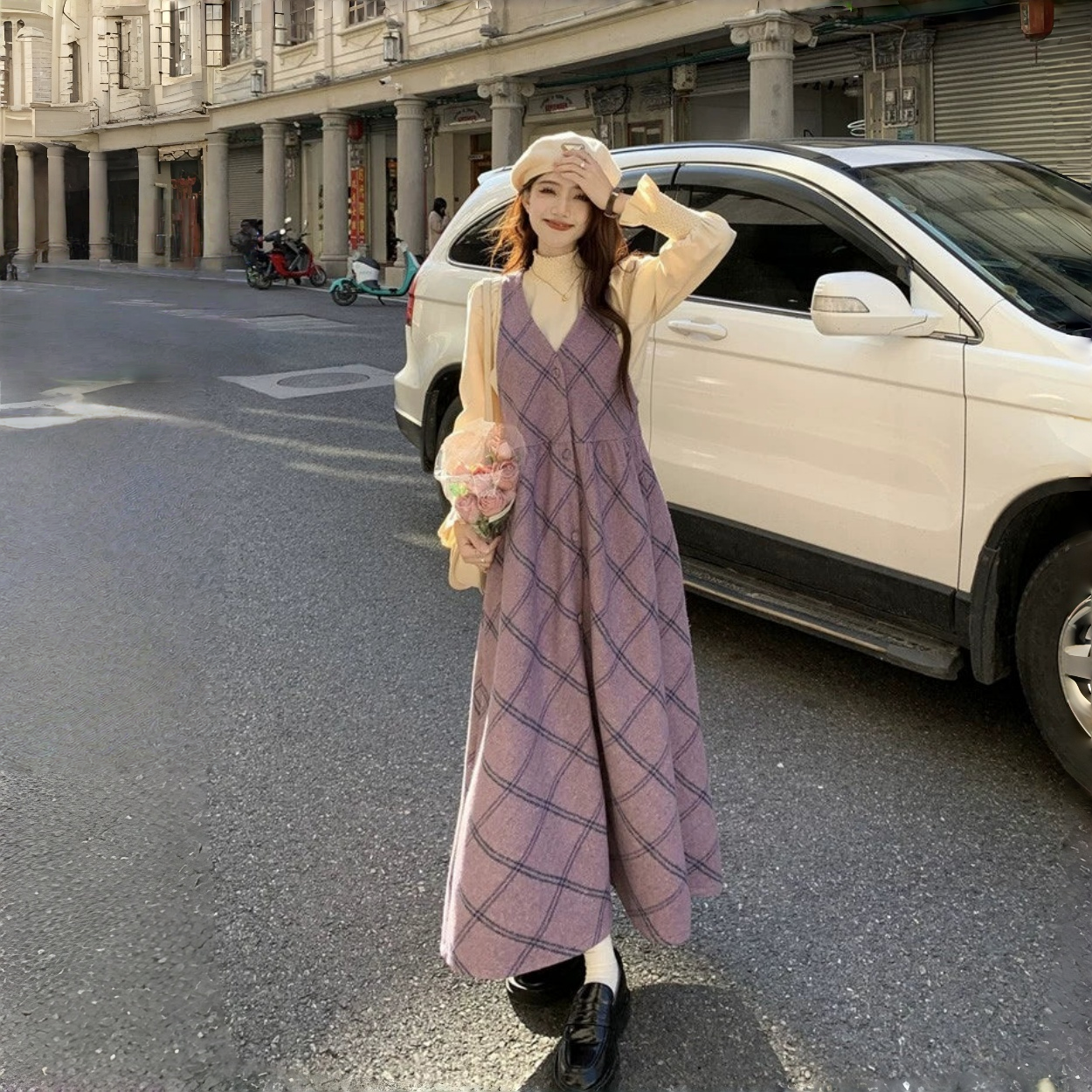 【ワンピース】レトロ スウィート 合わせやすい チェック柄 高級感 ノースリーブワンピース【JZシリーズ】