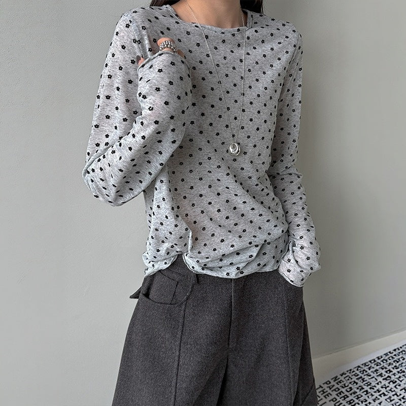 【トップス】レトロ リラックス感のある ドット柄 長袖 Ｔシャツ 【JZシリーズ】