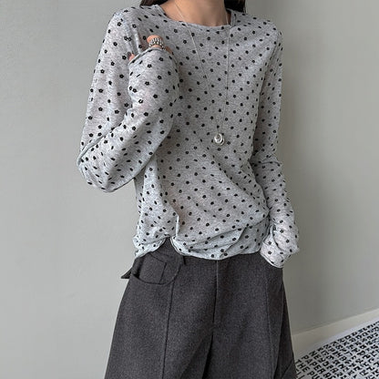 【トップス】レトロ リラックス感のある ドット柄 長袖 Ｔシャツ 【JZシリーズ】