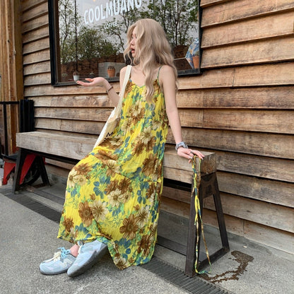 【ワンピース】リゾート風 花柄  キャミソール ティーブレイク風 ノースリーブ ロング ワンピース 【SHシリーズ】