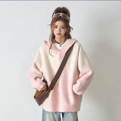 【トップス】ふわふわフェイクミンクグラデーション フード付きニットセーター レディース 秋冬 高級感 オーバーサイズ トップス【FCシリーズ】