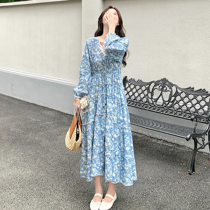 【ワンピース】フレンチエレガント レース Vネック 花柄長袖ワンピース 春秋 優しい雰囲気 超おしゃれ 若見え【SHシリーズ】