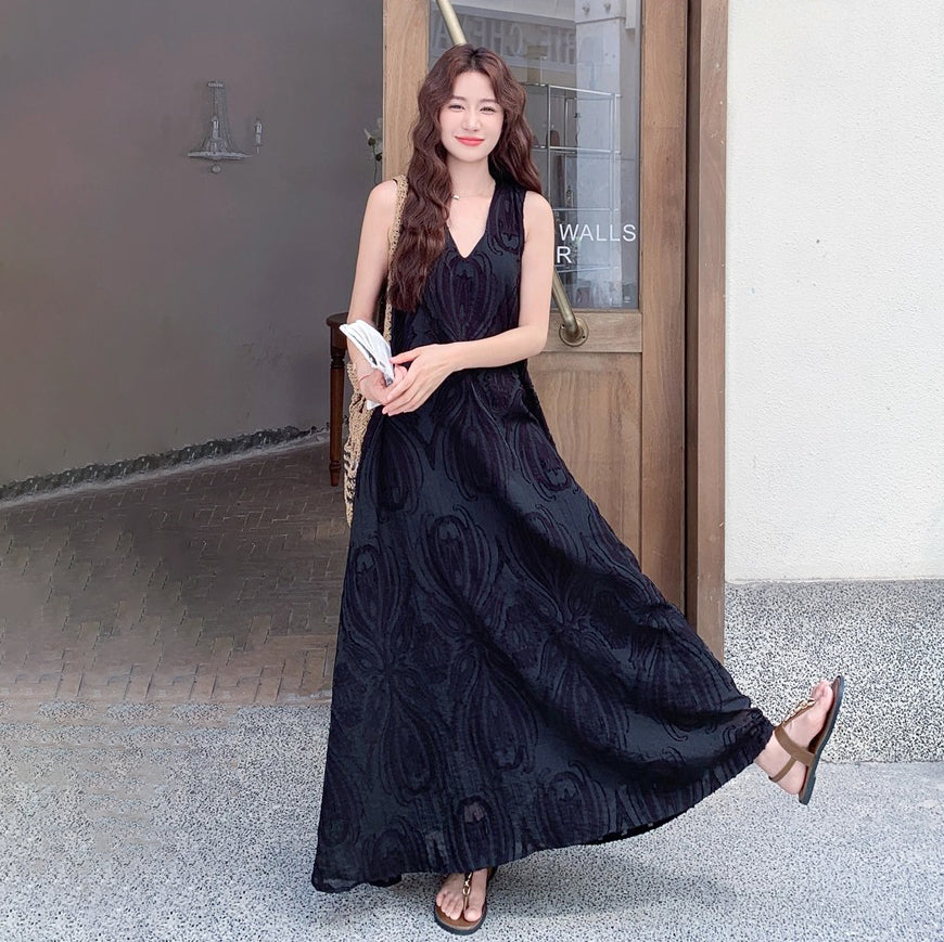 【ワンピース】ジャカードノースリーブワンピース レディース Vネック ロング丈 夏新作【JZシリーズ】