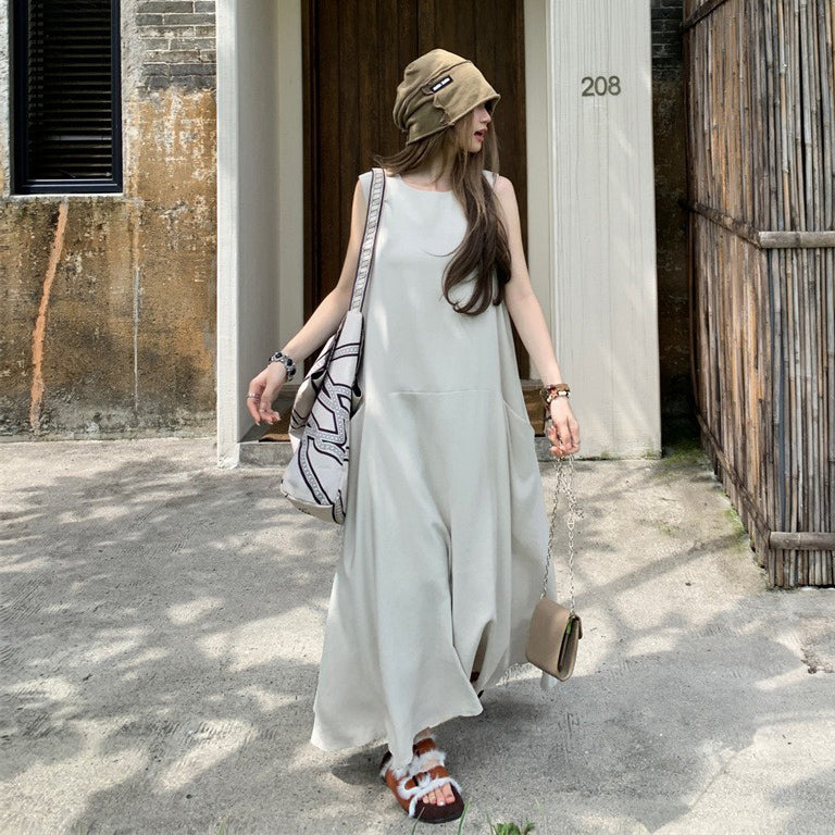 【ワンピース】気質 大きめポケット デザイン性 スタイルアップ 体型カバー ノースリーブ タンクワンピース