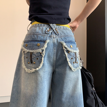 【ボトムス】デザイン性 ウォッシュドデニム カットオフ クロップドパンツ 【FCシリーズ】