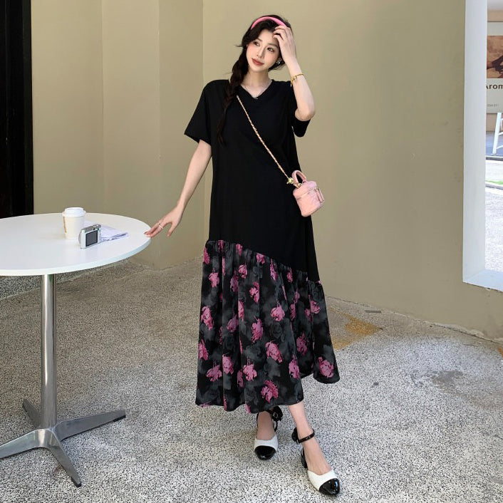 【ワンピース】体型カバー力抜群✨ローズ花柄 ワンピース 半袖 ロング丈 切り替え ゆったり 大きいサイズ 夏ワンピ【SHシリーズ】