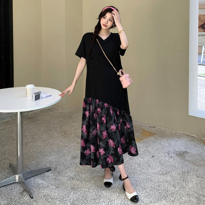 【ワンピース】体型カバー力抜群✨ローズ花柄 ワンピース 半袖 ロング丈 切り替え ゆったり 大きいサイズ 夏ワンピ【SHシリーズ】