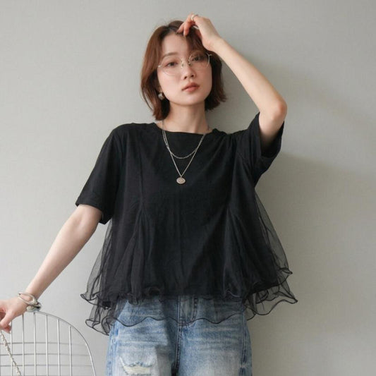【トップス】Tシャツ 夏 シアー切替 メッシュ 立体デザイン クルーネック きれいめ 通勤 カジュアル【JZシリーズ】