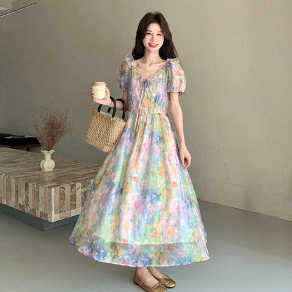 【ワンピース】フラワープリント パフスリーブワンピース レディース 夏 フレンチ Vネック ティアード ロング丈 上品 半袖【SHシリーズ】