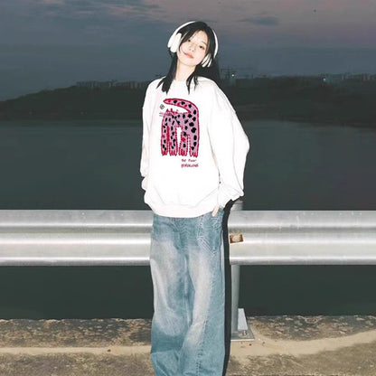 S~2XL【トップス】クルーネック ネコ スウェット レディース 韓国風 ゆったり 学生風 豹柄 猫 秋冬パーカー【FCシリーズ】