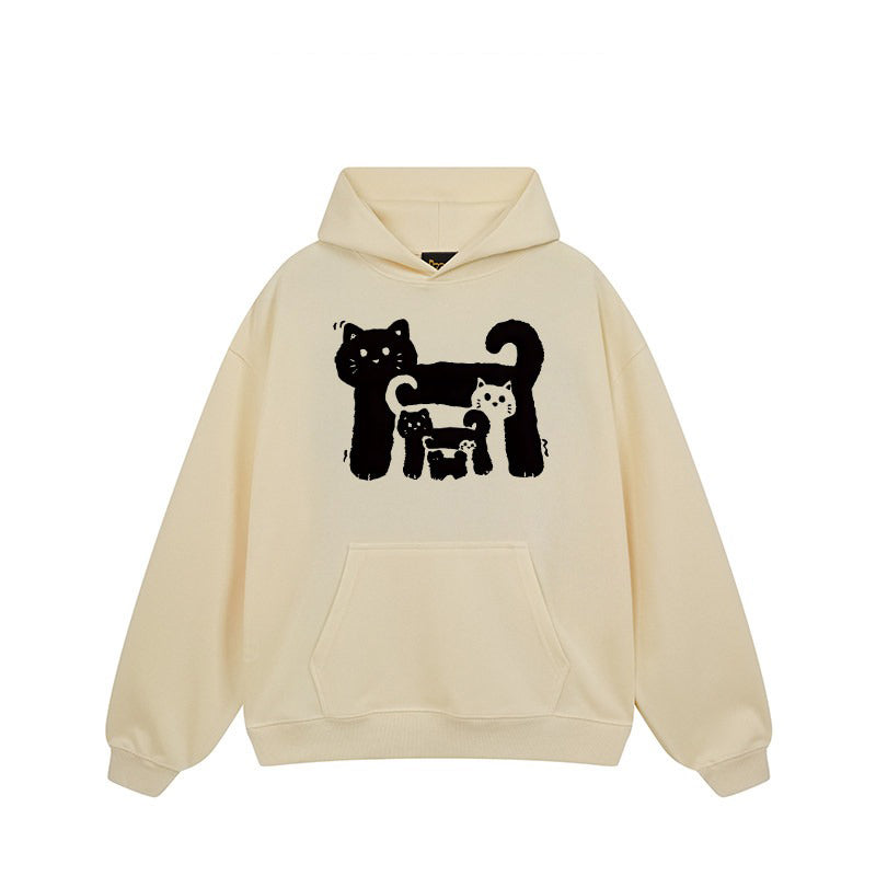 【トップス】🐱アメリカンストリート猫プリントコットンパーカー ユニセックス ペアルック 秋冬 スクール風【FCシリーズ】