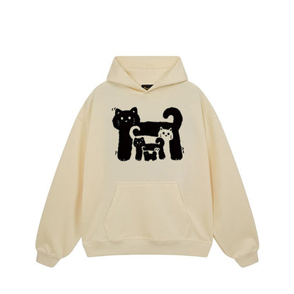 【トップス】🐱アメリカンストリート猫プリントコットンパーカー ユニセックス ペアルック 秋冬 スクール風【FCシリーズ】