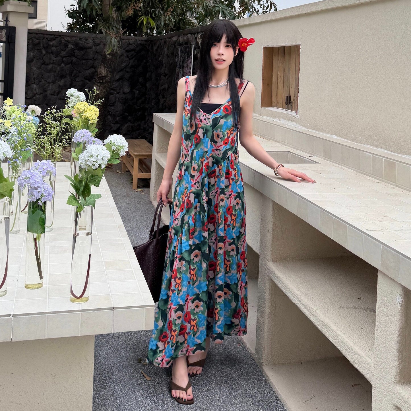 【ワンピース】レトロ キャミワンピース レディース 夏 ゆったり ノースリーブ フレアロング丈 体型カバー リネン風 人気 アートコーデ【SHシリーズ】