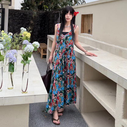 【ワンピース】レトロ キャミワンピース レディース 夏 ゆったり ノースリーブ フレアロング丈 体型カバー リネン風 人気 アートコーデ【SHシリーズ】