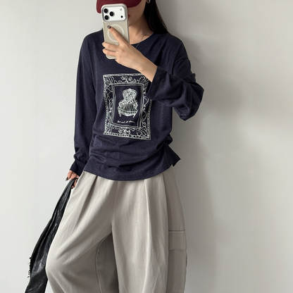 【トップス】ゆったり プリント クルーネック 長袖 カジュアルTシャツ 【JZシリーズ】