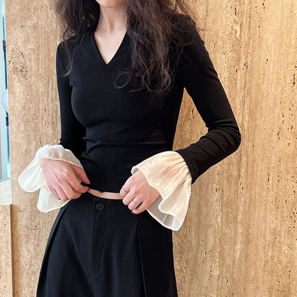 【トップス】春秋冬 Vネック ベルスリーブ 着痩せ ニットセーター【SNシリーズ】