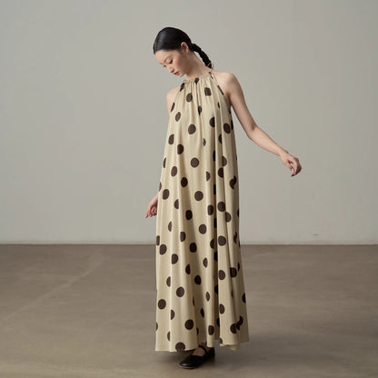 【ワンピース】レトロ リゾート風 ドット柄プリント ノースリーブワンピース レディース ゆったりスリム見え ミディ丈 ロングドレス【SHシリーズ】