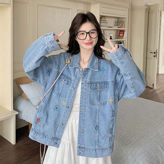 【アウター】ヴィンテージ BF風 刺繍 デニムジャケット レディース 春秋 韓国風 大人気 トレンド キュートカジュアル【SHシリーズ】