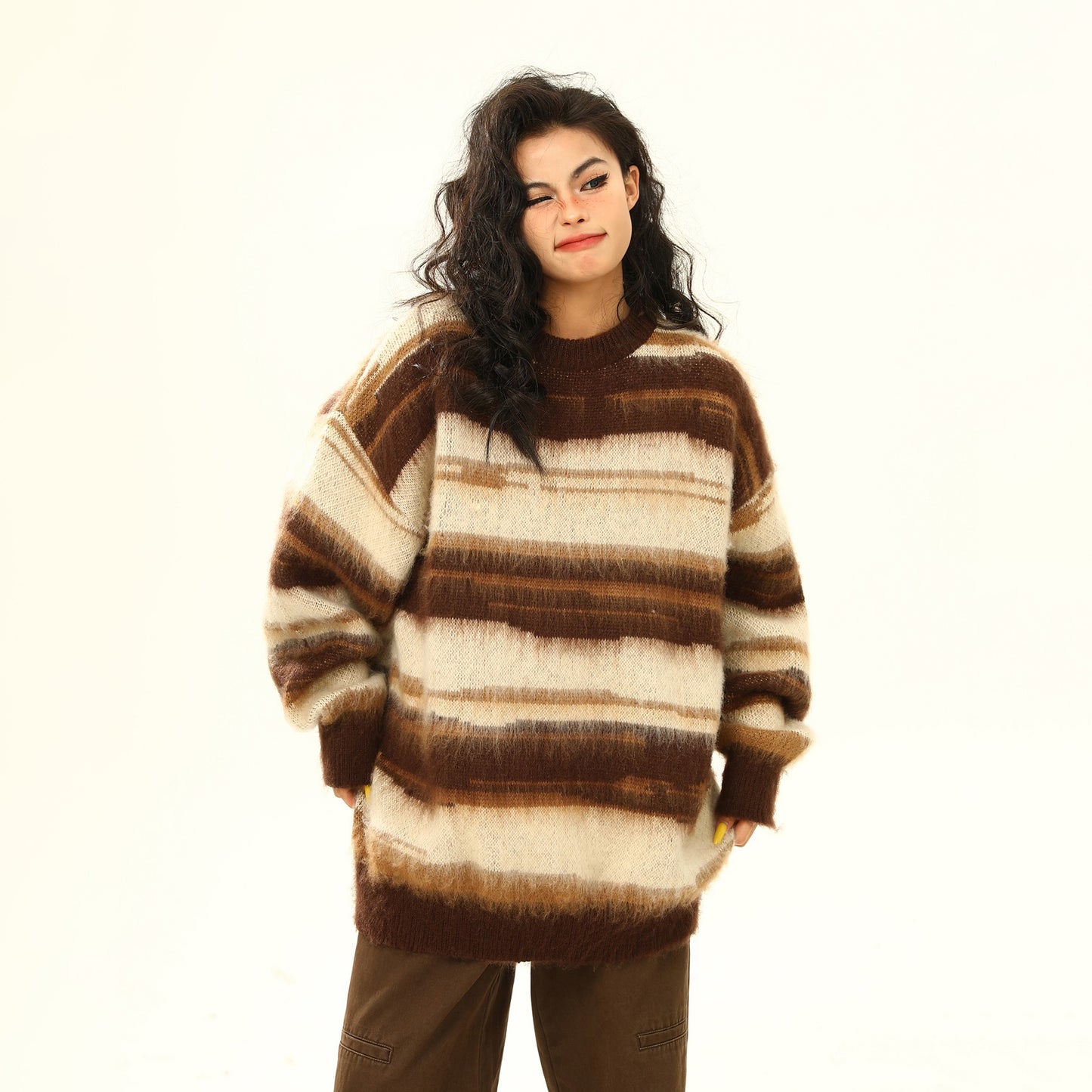 【トップス】秋冬 ヴィンテージ モヘア風ボーダーニット レディース ゆったり抜け感 ペアセーター【FCシリーズ】