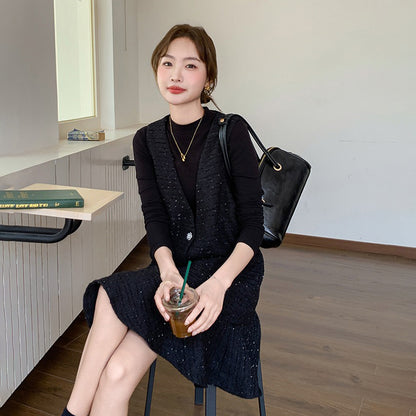 【ワンピース】秋新作  Vネック ベストワンピース レディース ブラック ゆったり Aライン フリル 上品 ノースリーブワンピース【JZシリーズ】