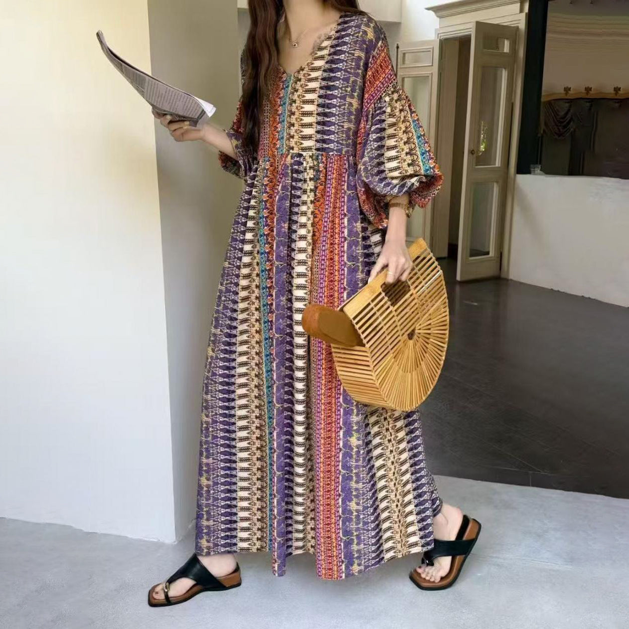 【ワンピース】ゆったり バルーンスリーブ エスニック風 半袖 ロングワンピース 大きいサイズ レディース【SHシリーズ】