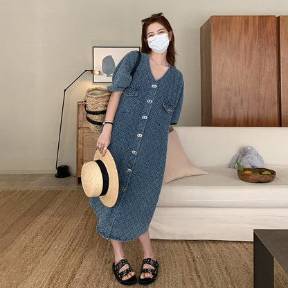 【ワンピース】夏 リラックス感 Vネック デニム半袖ワンピース 薄手 レディース ゆったりカジュアルロング丈【JZシリーズ】