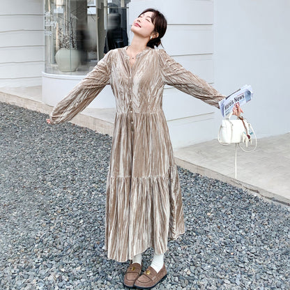 【ワンピース】Vネック ベロア 長袖ワンピース 春新作 ゆったり フレンチレトロ【JZシリーズ】