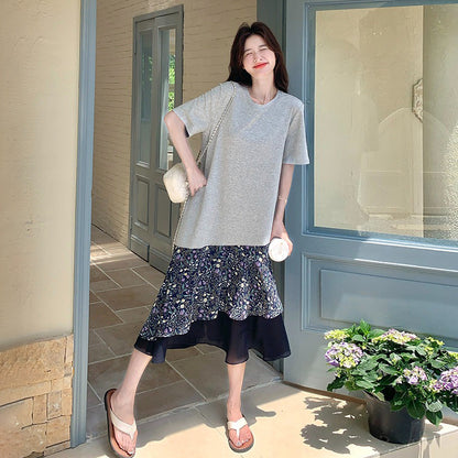 【ワンピース】ワンピース レディース フラワープリント 切替デザイン 半袖 Tシャツワンピース ミディ丈 フレンチレトロ カジュアル【SHシリーズ】