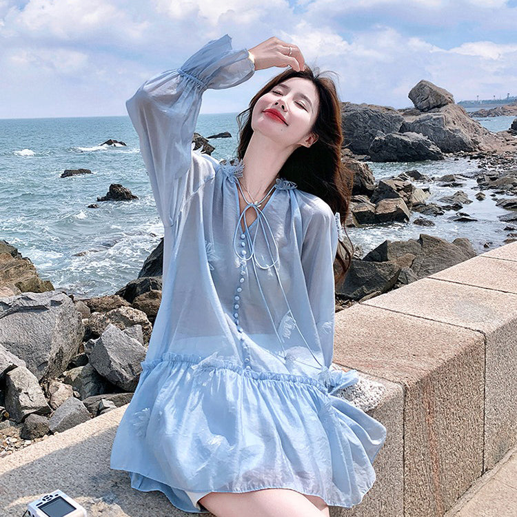 2点セット！【セットアップ】リゾート風 立体フラワー UVカット 長袖トップス＋ショートパンツ 上下セット【SHシリーズ】