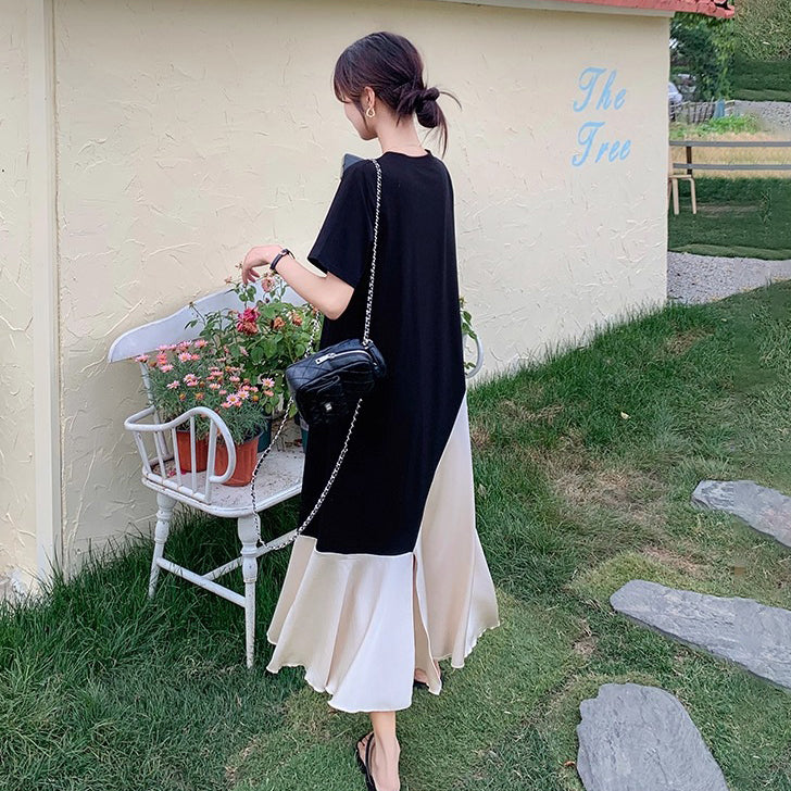 【ワンピース】個性配色切り替えアシンメトリー半袖 Tシャツワンピース 夏 ゆったりロング丈【JZシリーズ】