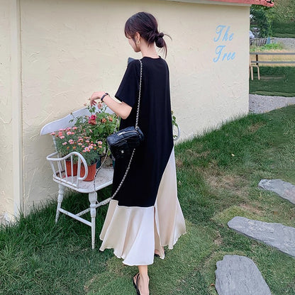 【ワンピース】個性配色切り替えアシンメトリー半袖 Tシャツワンピース 夏 ゆったりロング丈【JZシリーズ】