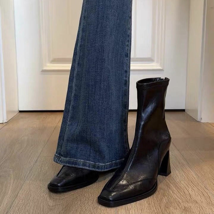 【シューズ】レディース ハイヒール ショートブーツ フレンチヴィンテージ スクエアトゥ太ヒール マーチン風ブーツ