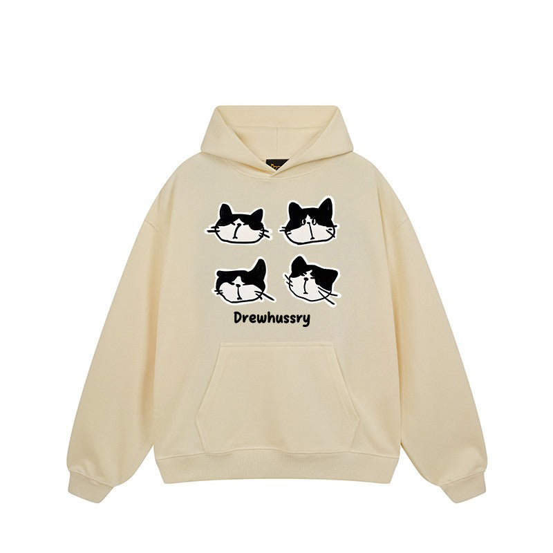 【トップス】🐱カートゥーン猫プリント裏起毛パーカー ユニセックス ペアルック 秋冬 カジュアル【FCシリーズ】
