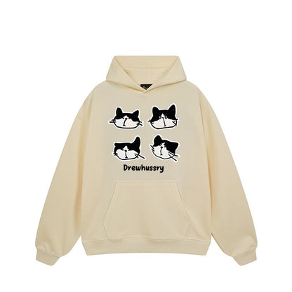 【トップス】🐱カートゥーン猫プリント裏起毛パーカー ユニセックス ペアルック 秋冬 カジュアル【FCシリーズ】