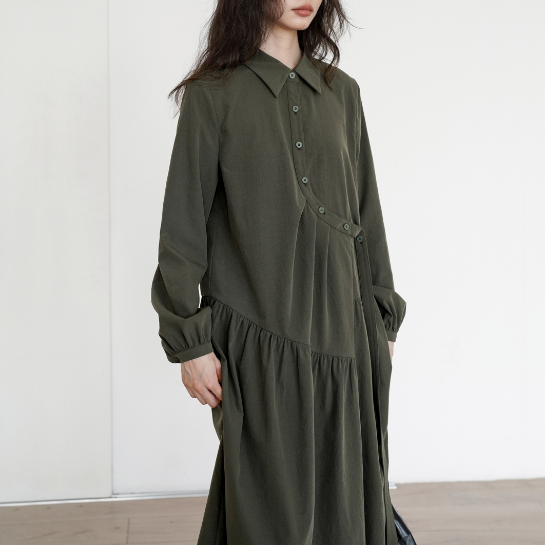 【24AW】【ワンピース】イレギュラー 立襟 長袖ワンピース