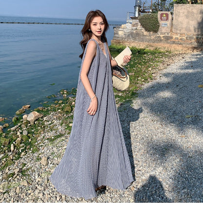 【ワンピース】韓国風 千鳥格 ノースリーブワンピース レディース 夏 大きめ裾 ロング丈 高見え【SHシリーズ】