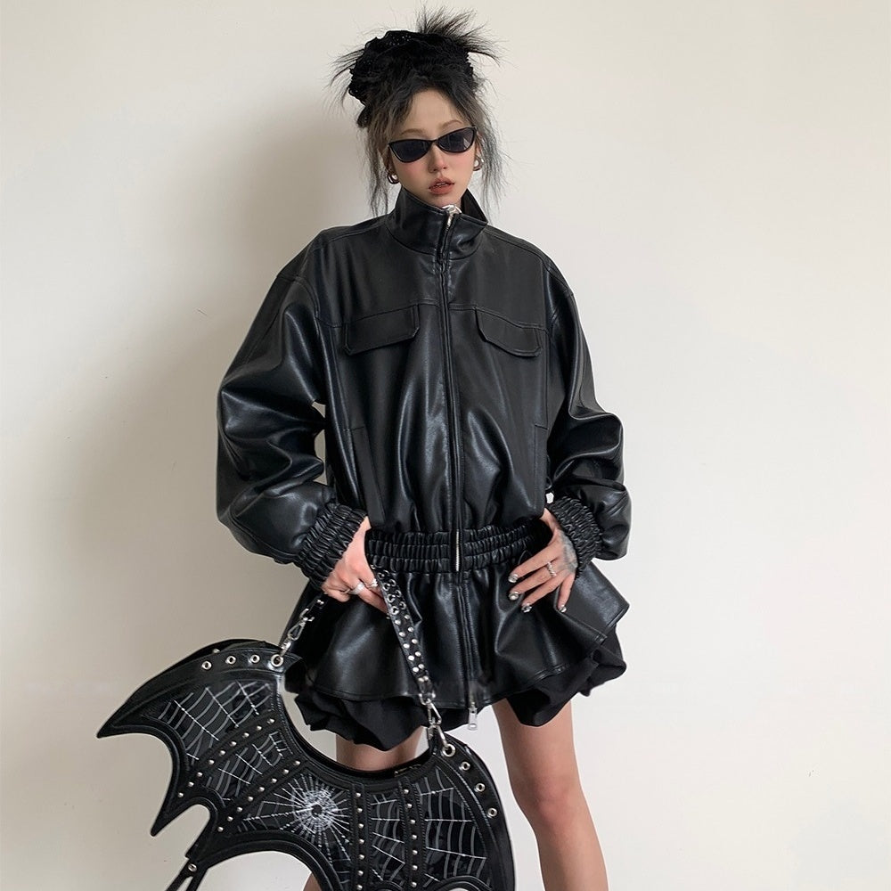 【アウター】春 秋 冬 ファッション ブラック フリル PU ジャケット【FCシリーズ】