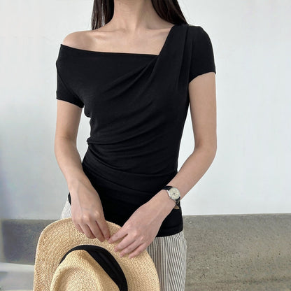 【トップス】夏 ドレープネック フレンチスタイル 半袖 Ｔシャツ【SNシリーズ】