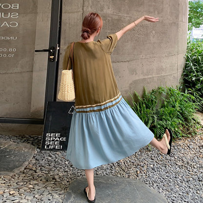 【ワンピース】夏 フレンチ ヴィンテージ  大人可愛い 配色 半袖ワンピース レディース 気質 若見え 超美しい Aラインロングドレス【JZシリーズ】