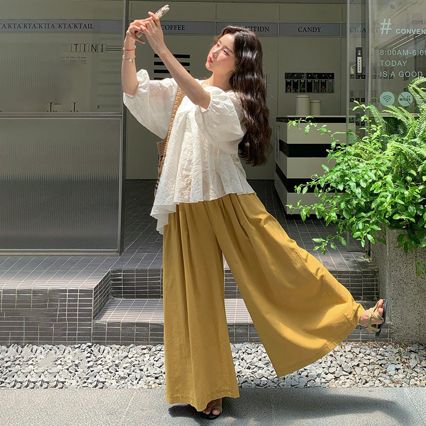 2点セット！【セットアップ】レディース 上下セット フレンチガーリー レース Vネック トップス＋ワイドパンツ 細見え ゆったり 上品 きれいめ 夏新作【SHシリーズ】