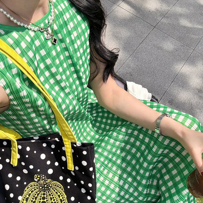 【ワンピース】韓国風 チェック柄ノースリーブワンピース レディース Aライン 着痩せ 体型カバー 夏ワンピース【SHシリーズ】