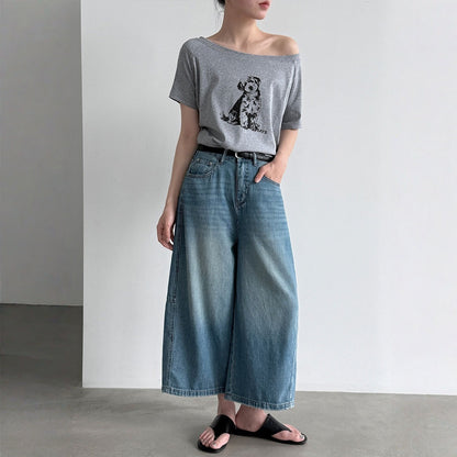 【ボトムス】ベルト付き ウォッシュドデニム ワイド クロップドパンツ 【JZシリーズ】