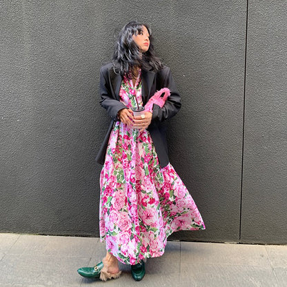 【ワンピース】春夏新作 レッド花柄 ゆったり Vネック 長袖ワンピース【SHシリーズ】