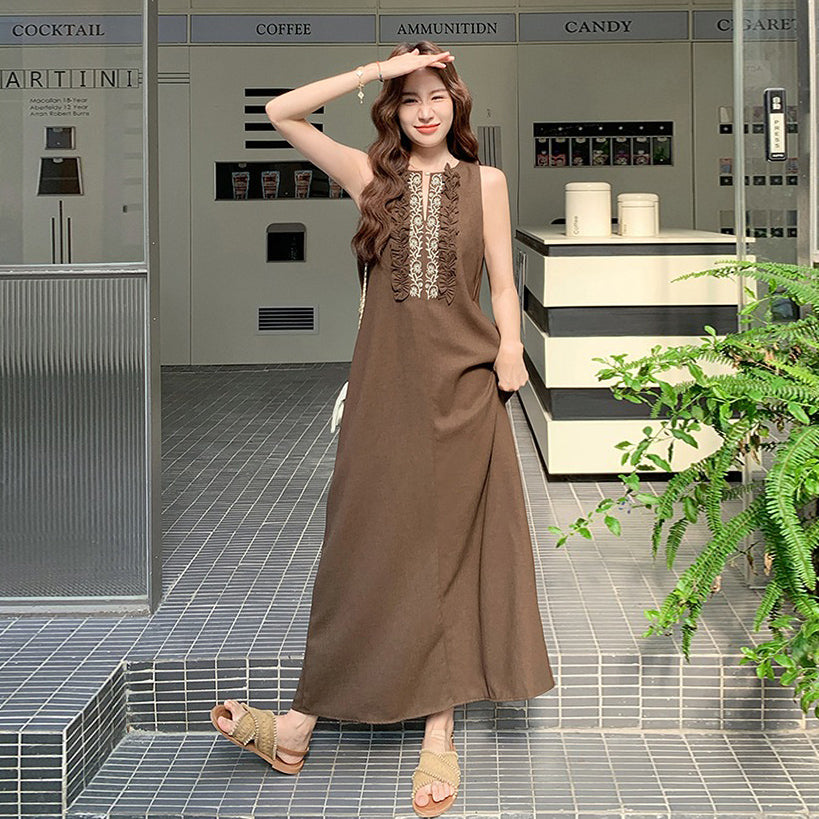 【ワンピース】映え感抜群 フリンジ×刺繍 ノースリーブボヘミアンワンピース 体型カバーも叶うリゾートスタイル【JZシリーズ】