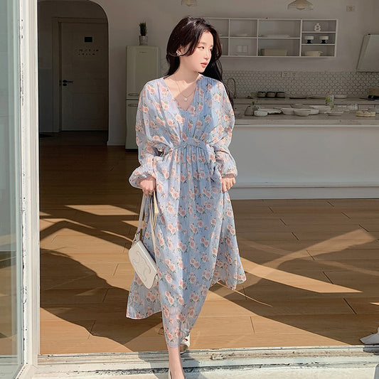 【ワンピース】フレンチ 花柄 長袖ワンピース｜韓国風マキシ丈ワンピース・足首まで届く絶美シルエット【SHシリーズ】