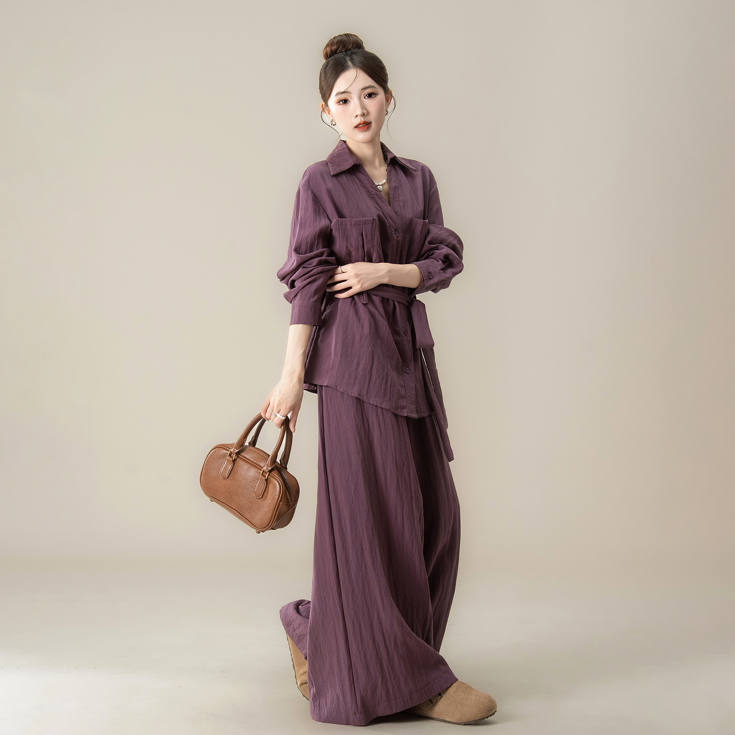 2点セット！【セットアップ】ルーズ感 カジュアル 秋新作 ウエスト絞り シャツ＋ワイドパンツ 上下セット【JZシリーズ】