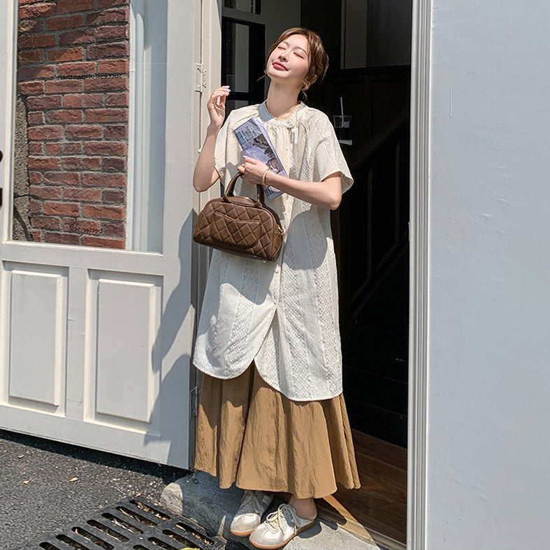 2点セット！【セットアップ】スタンドカラー シャツ フレアスカート 上下セット 上品 きれいめ 体型カバー ゆったり ミモレ丈【JZシリーズ】