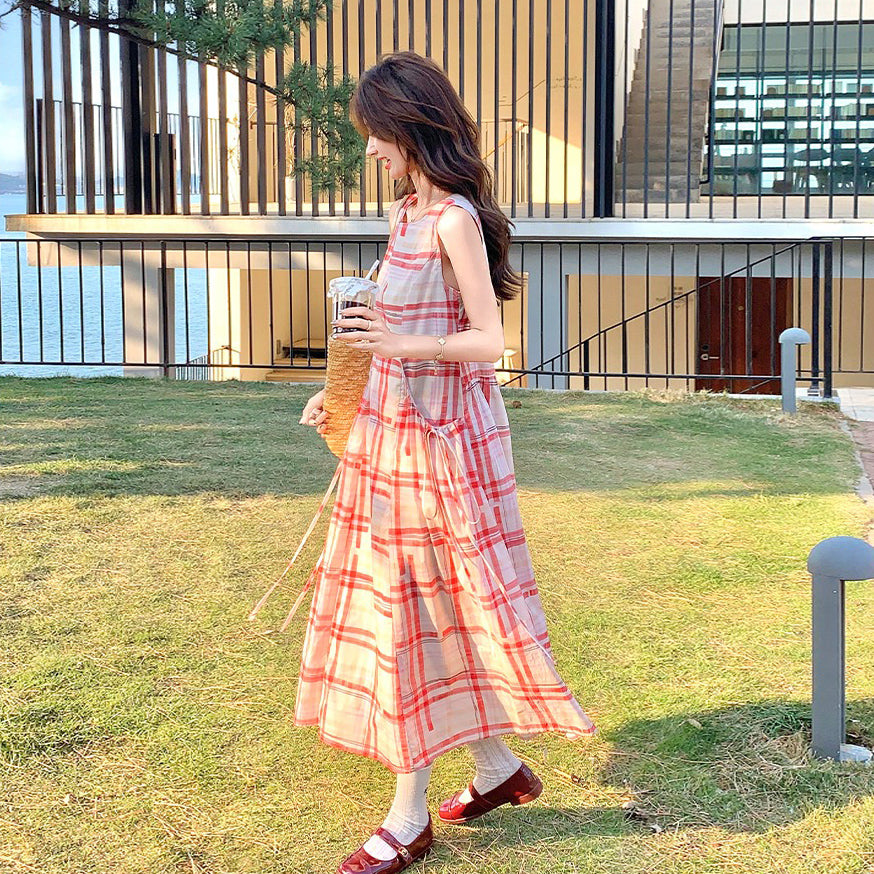 【ワンピース】フレンチヴィンテージ チェック柄 ノースリーブキャミソールワンピース 夏 文芸的な リゾート風【SHシリーズ】