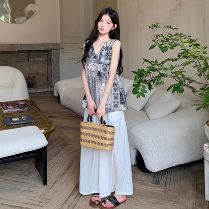 2点セット!【セットアップ】ボヘミアン柄セットアップ レディース 夏 ノースリーブシフォン＋ワイドパンツ 上下セット【SHシリーズ】