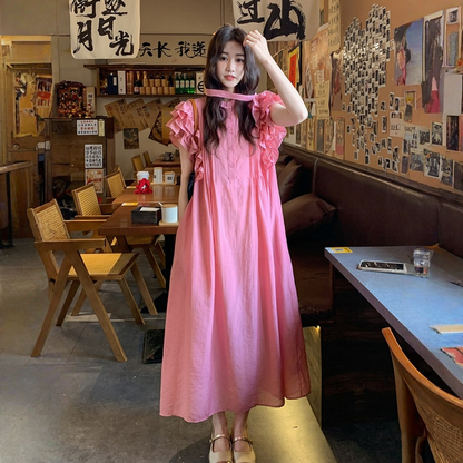 【ワンピース】フレアスリーブ おしゃれ リボン付き ノースリーブ シャツワンピース 【JZシリーズ】